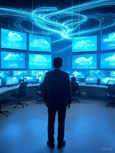 A person observes multiple monitors displaying cloud graphics and digital data in a high-tech control room.
