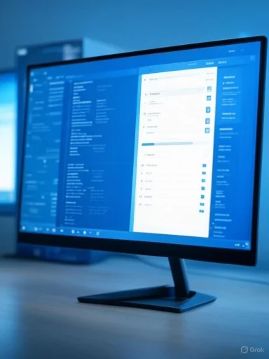 A computer monitor displaying a blue-themed email or messaging interface with multiple folders and messages.