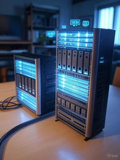 Two illuminated data servers or storage units with blue lighting on a wooden table.