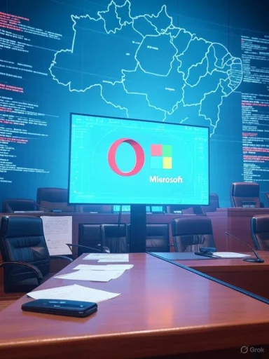 Microsoft logo displayed on a monitor in a conference room with a map of Africa on the wall.