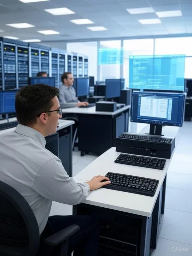 A person working at a computer in a modern data center or cybersecurity operations room with multiple monitors and servers.