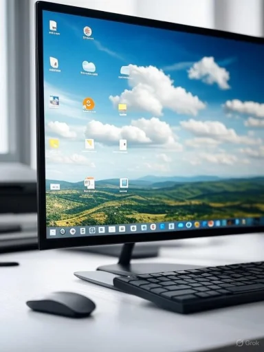 A computer monitor displays a desktop with a landscape wallpaper and various icons, accompanied by a keyboard and mouse.