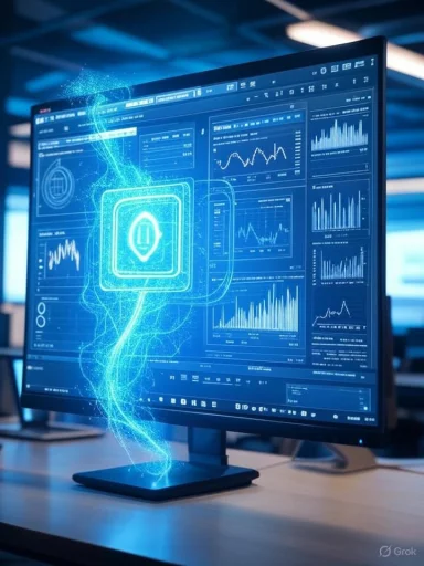 A computer monitor displays a futuristic digital interface with charts, graphs, and holographic technology.