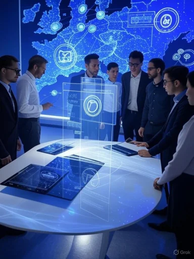 A group of professionals discusses data and technology around a futuristic interactive table with digital displays, in front of a digital world map.