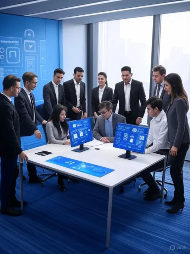 Business team gathered around a table with digital screens, engaged in a presentation or discussion.