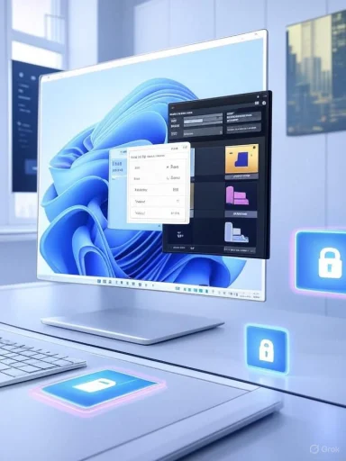 A modern workspace with a computer monitor displaying multiple overlapping windows and security icons.