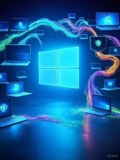 Multiple laptops surround a glowing Windows logo, connected by colorful, digital streams symbolizing network security.