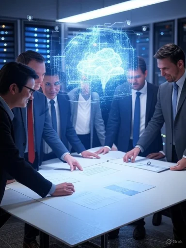 Business professionals collaborate around a table with a digital hologram of a brain-shaped cloud above, symbolizing AI or cloud computing.
