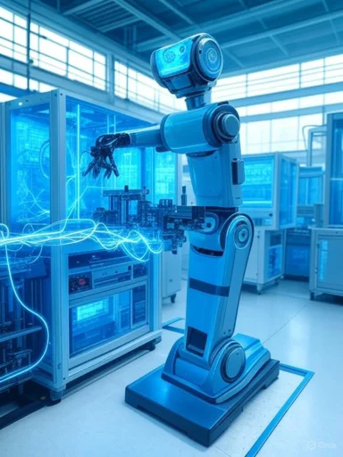 A blue robotic arm automates electrical wiring tasks inside a high-tech lab.