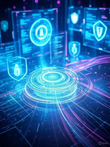 Futuristic digital security interface with holographic shields and lock icons in glowing blue and purple tones. Futuristic digital security interface with holographic shields and lock icons in glowing blue and purple tones.