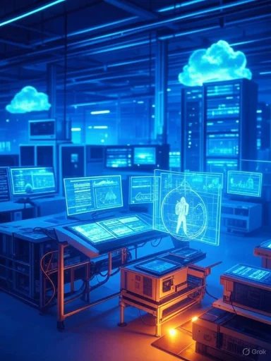 A futuristic control room with holographic screens displaying data and virtual human figures, illuminated in blue and orange hues.
