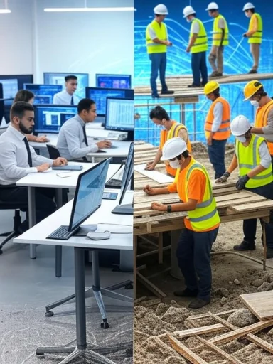 A split image showing office workers working on computers on the left and construction workers working outdoors on the right. A split image showing office workers working on computers on the left and construction workers working outdoors on the right.