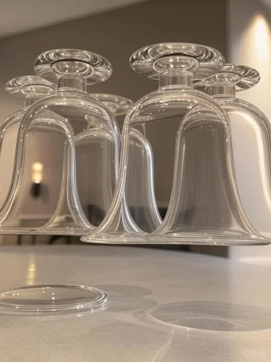 Upward view of stacked transparent glass cups with reflections and shadows on a light-colored surface.