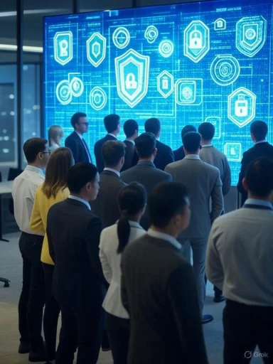A group of professionals attentively observing a digital display of cybersecurity icons and shields.