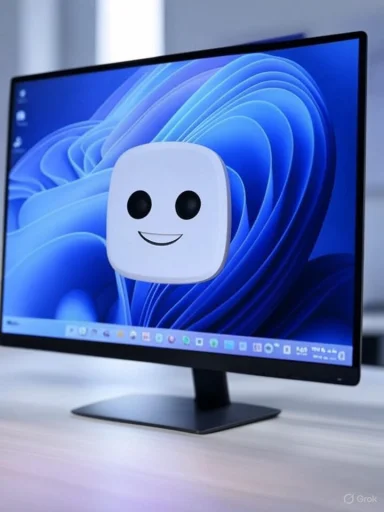 A computer monitor displays a blue abstract background with a smiling, cartoonish ghost-like character in the foreground.