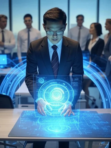 A businessman interacts with a holographic interface in a futuristic office, with colleagues observing in the background.