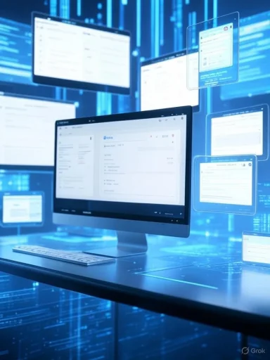 Multiple digital screens and floating holographic interfaces depict a high-tech data analysis environment. Multiple digital screens and floating holographic interfaces depict a high-tech data analysis environment.
