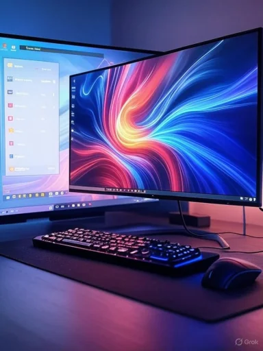 Dual-monitor setup with colorful abstract screens, keyboard, mouse, and ambient lighting on a desk.