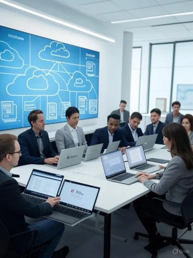 A diverse group of professionals is engaged in a meeting around a table with laptops, in a modern conference room with cloud tech visuals on the screen. A diverse group of professionals is engaged in a meeting around a table with laptops, in a modern conference room with cloud tech visuals on the screen.