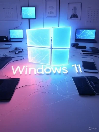 The image features a glowing Windows 11 logo surrounded by various electronic devices on a cracked surface.