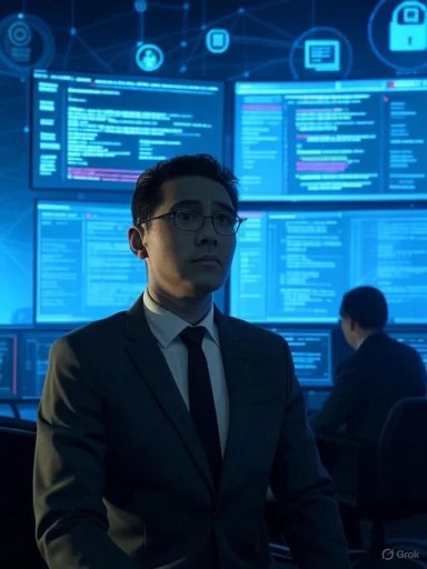 A serious man in a suit and glasses stands in a high-tech cybersecurity or data analysis control room with multiple screens in the background.