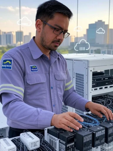 A technician works on network servers outdoors with a cityscape background and cloud icons in the sky. A technician works on network servers outdoors with a cityscape background and cloud icons in the sky.