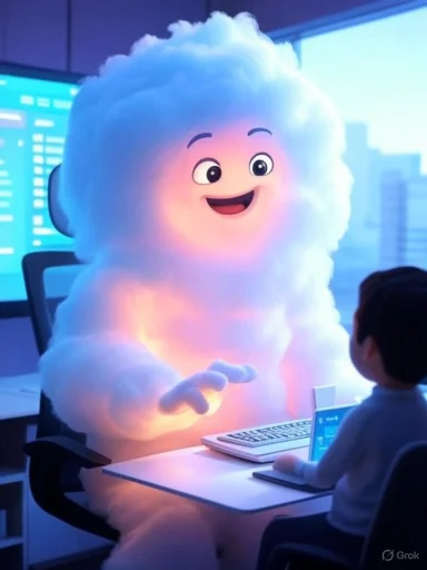 A friendly, cloud-shaped mascot wearing headphones chats with a person at a desk in an office setting.
