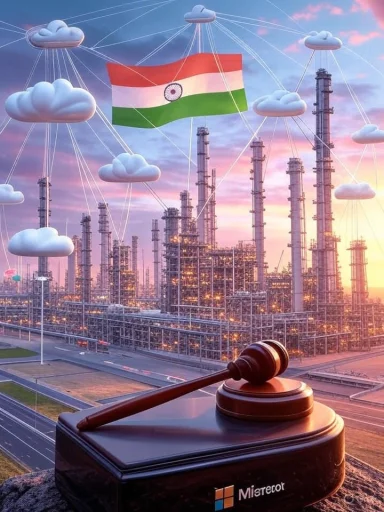 An industrial plant under a digital network with clouds and a flag of India, symbolizing innovation and connectivity.