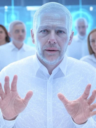 A futuristic scene with an elderly man in a white shirt touching a glowing transparent surface, surrounded by others in a high-tech environment.
