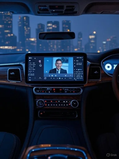 A man is on a video call displayed on a car's dashboard screen during nighttime city drive.