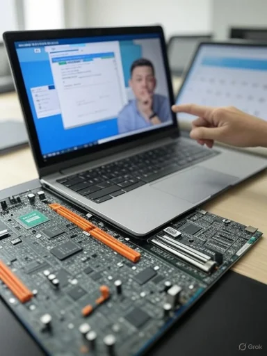 A person points at a laptop screen displaying a video call, with a motherboard placed underneath the laptop.