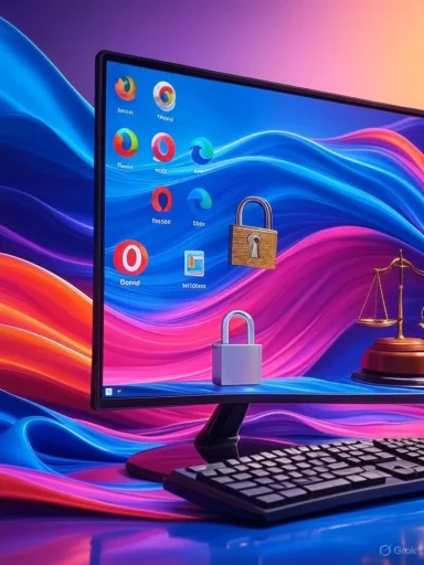 A computer screen displays lock icons and security-related apps, symbolizing cybersecurity and data protection.