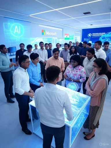 A group of professionals gathered around a glowing digital table in a high-tech AI and Microsoft-themed room.