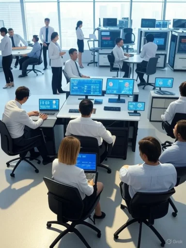 A busy control room with professionals working at computers and monitoring systems in a modern office. A busy control room with professionals working at computers and monitoring systems in a modern office.