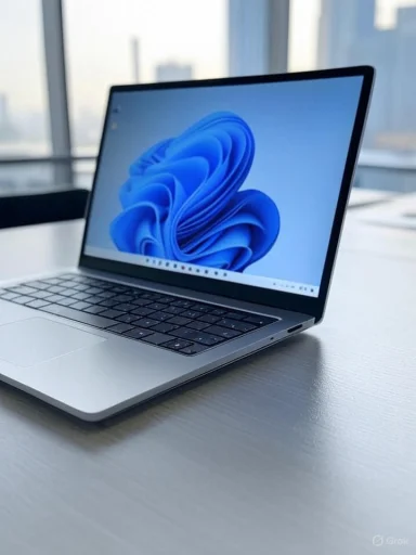 A modern laptop open on a table with a Windows 11 desktop background, in a bright office setting.