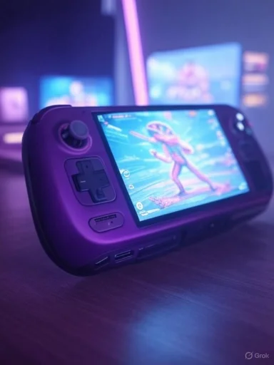 A handheld gaming console displays a colorful animated character in a vibrant, neon-lit setting.
