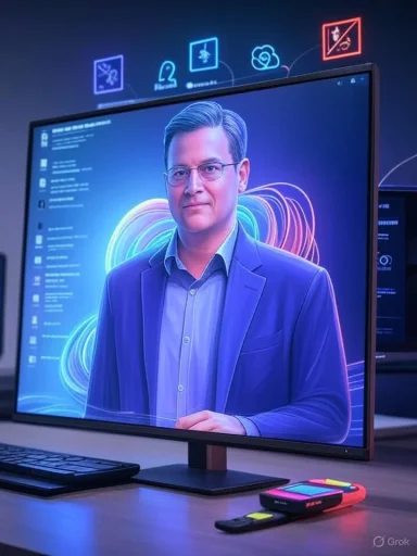 A man in a suit appears on a computer screen with colorful swirling graphics in the background.