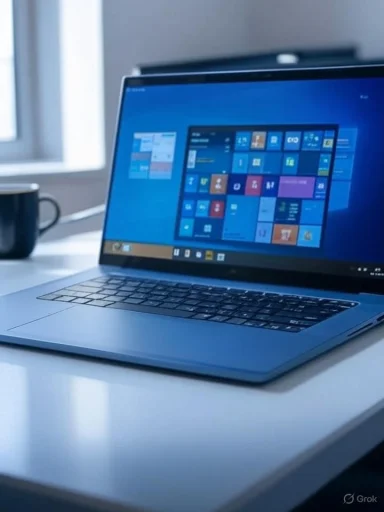A laptop displaying a colorful tiles interface on a white desk near a window, with a mug nearby.
