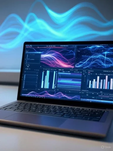 A laptop displaying colorful digital data visualizations with glowing abstract wave patterns in the background.