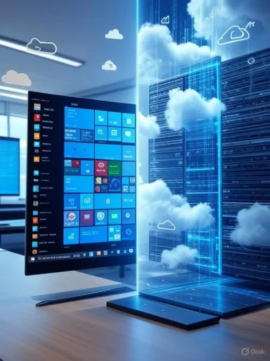 A computer monitor displays a start menu alongside a transparent, futuristic digital cityscape with cloud and data icons.