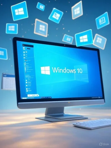 A computer screen displays Windows 10 with floating icons and a calendar in the background. A computer screen displays Windows 10 with floating icons and a calendar in the background.