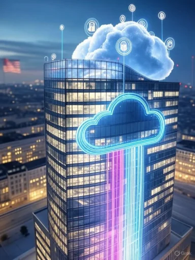 A modern skyscraper with a neon cloud and data streams, symbolizing cloud computing and data transfer.