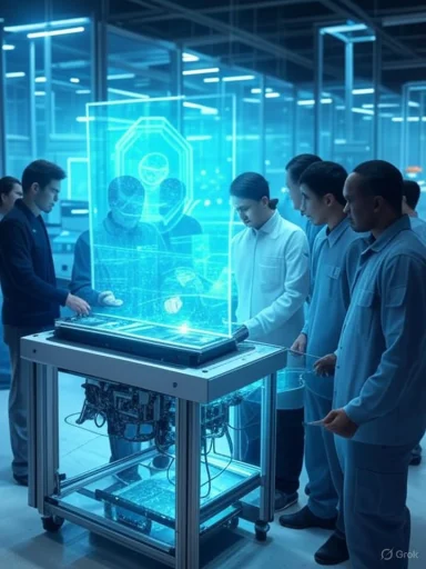 Group of scientists or engineers observe a holographic display of a human head and shield in a high-tech lab.