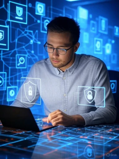 A young man works on a laptop with digital security icons and network graphics projecting around him.