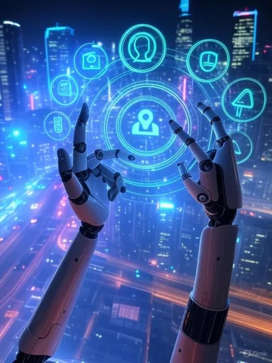 Robotic hands interacting with a digital user profile and app icons against a city skyline at night.