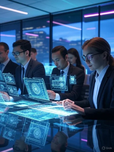 Business professionals analyze digital holographic data in a modern, high-tech office environment.