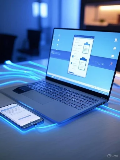 A laptop and smartphone on a desk illuminated by blue LED lighting in a modern workspace.