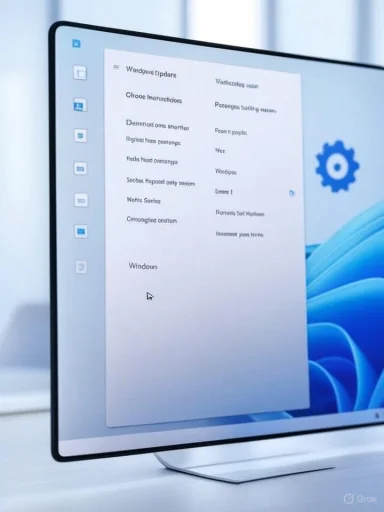 A computer monitor displaying a settings or update menu with various options and a gear icon on the right. A computer monitor displaying a settings or update menu with various options and a gear icon on the right.