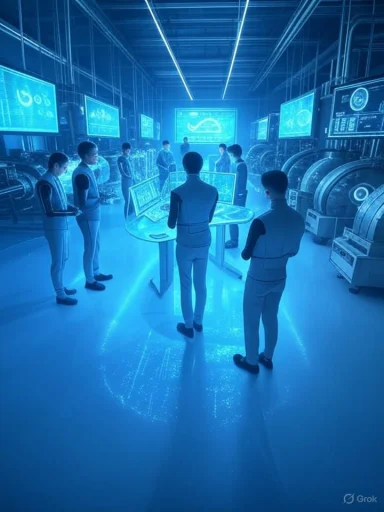 A group of people in a high-tech control room with holographic displays and advanced machinery, illuminated in blue.
