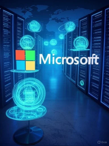 Futuristic data center with holographic security icons and Microsoft branding.